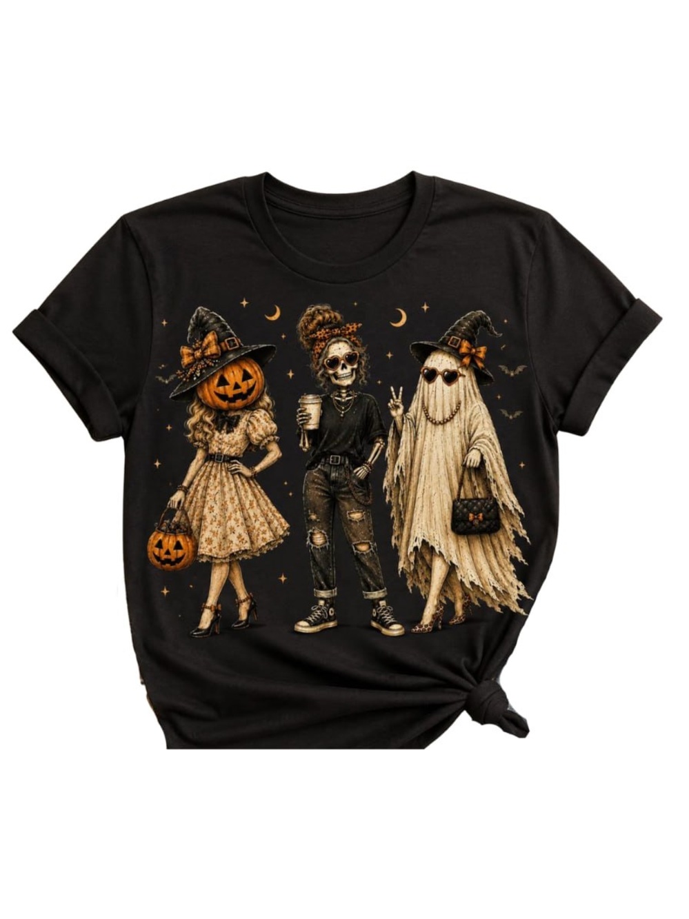 Black Halloween Trio Graphic Tee with Orange and Cream Accents